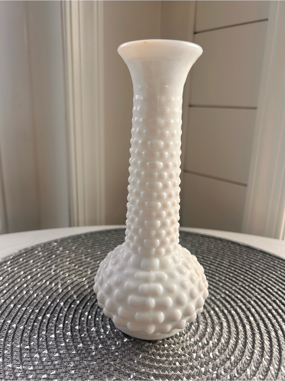 Vintage E.O. Brody white milk glass hobnail vase